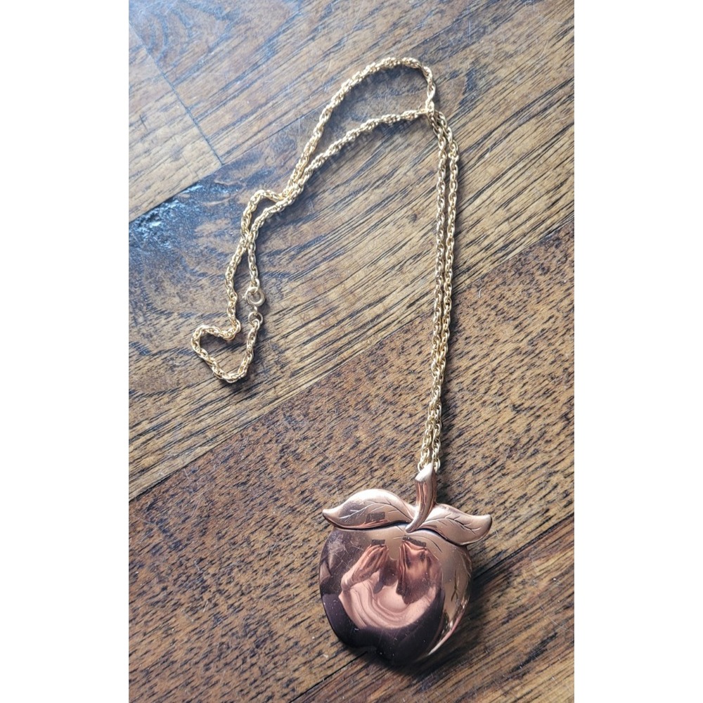 Large Vintage Copper Apple Pendant Gold Tone 24" Necklace